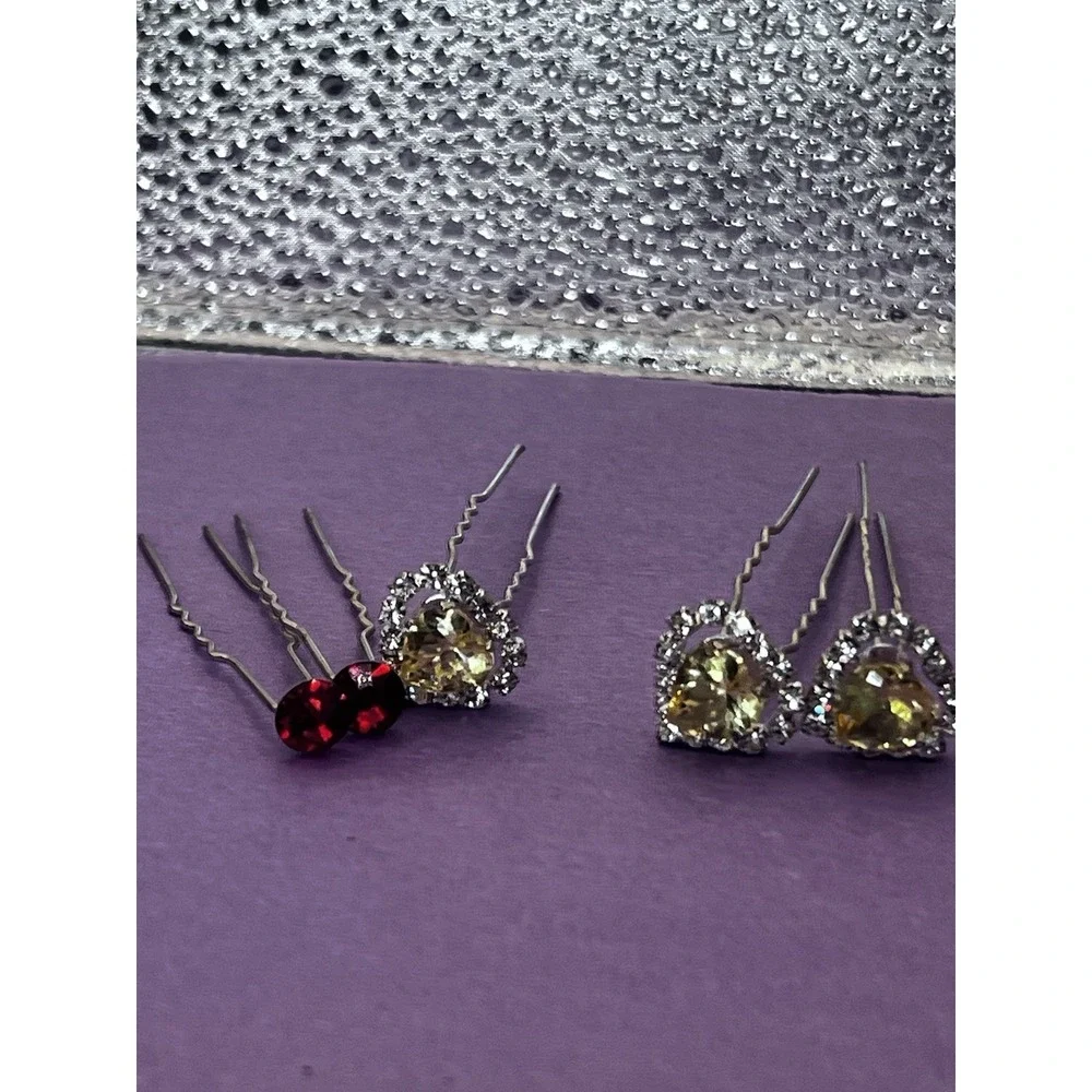 Lovely Vtg Rhinestone‎ Hair Pins Fork Stick LOT of 5 Multi Color Arts Heart